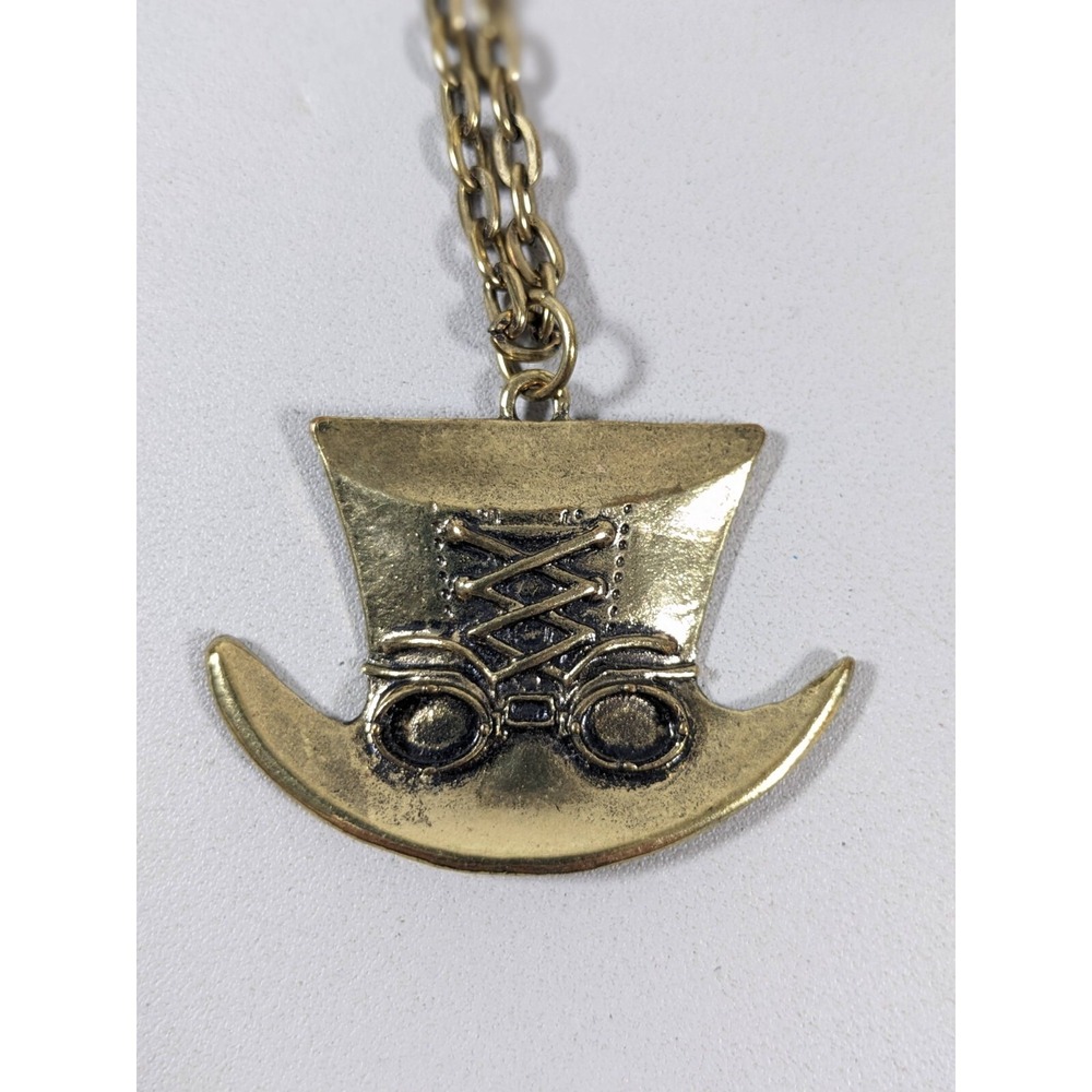 Mad Hatter Top Hat Pendant Necklace Bronze Tone Steampunk Wonderland 28"